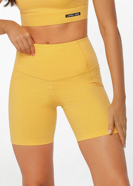 Lorna Jane Neon Yellow Running Shorts Lined Back Zip Pocket Size S